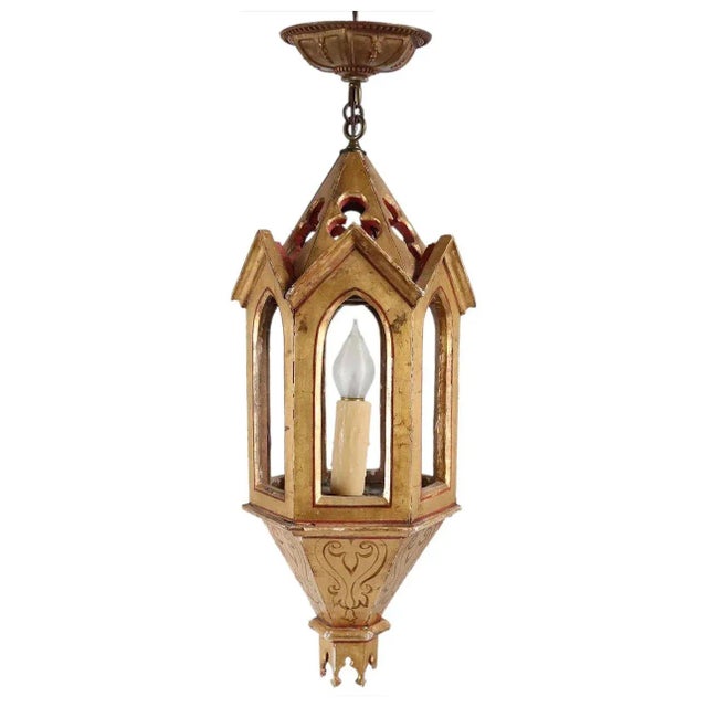 Early 20th Century Italian Venetian Gilt & Painted Pine Hanging 1-Light Pendant Lantern For Sale - Image 11 of 11
