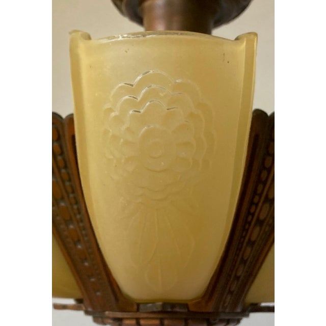 1930s Puritan 5-Light Flush Mount Copper-Plate Art Deco Chandelier, Slip Shades For Sale In San Francisco - Image 6 of 8