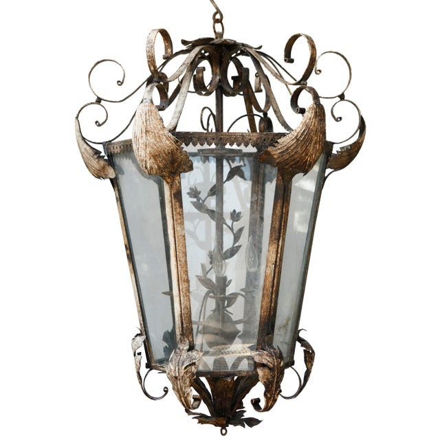 XL Vintage Tole Hanging Lantern W/ Floral Accents For Sale - Image 4 of 4