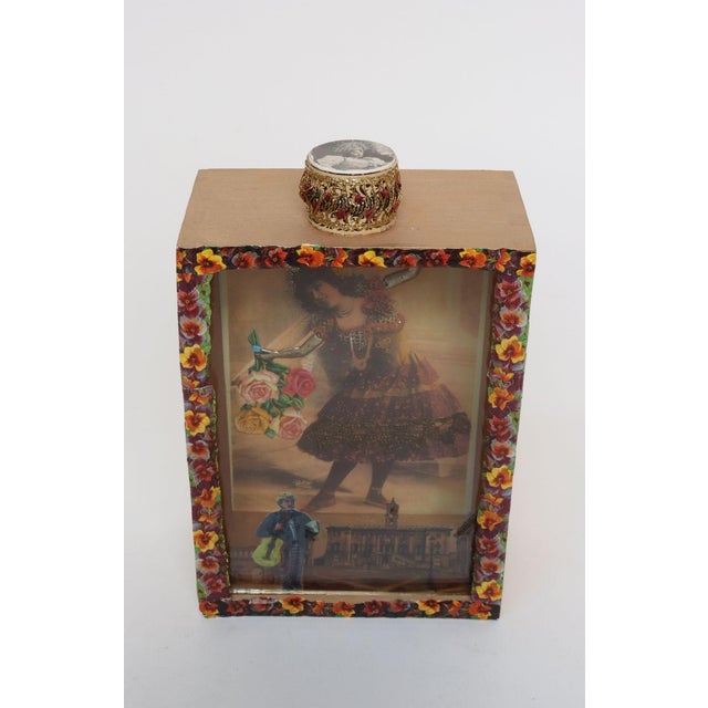 Folk Art decoupage shadow box by Seattle, Washington artist, Jeanette Sullivan (ca. 1980s, USA). Elegant piece composed of...