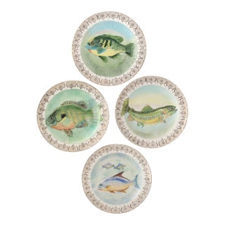 Vintage Transferware Fish Plates W/22k Gold Trim - Set of 4 For Sale