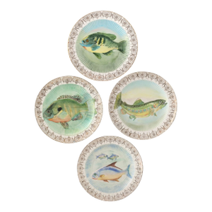 Vintage Transferware Fish Plates W/22k Gold Trim - Set of 4