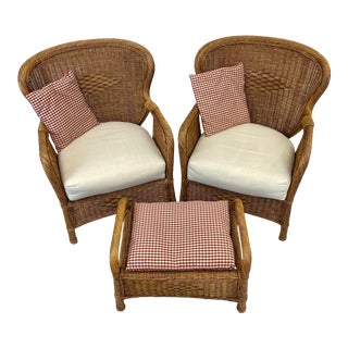 Mid 20th Century Rustic Wicker Chairs & Ottoman - Set of 3 For Sale