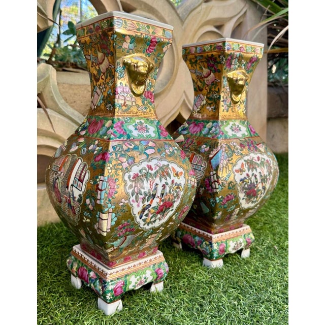 Pair of Antique Chinese Famille Rose Porcelain Vases & Stands For Sale - Image 4 of 18