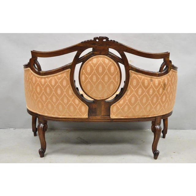 Antique French Victorian Louis XV Style Open Carved Walnut Loveseat Settee Sofa For Sale - Image 13 of 17