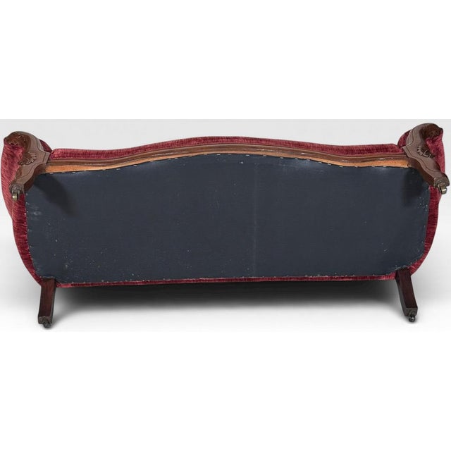 Antique Victorian Carved Walnut Triple Back Cranberry Velvet Settee For Sale - Image 18 of 18