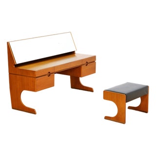 1960s Mid Century Teak Vanity & Stool by Uniflex - Set of 2 For Sale