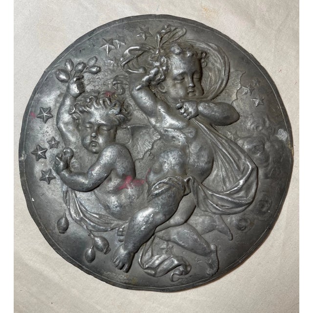 19th Century Antique 19th Century Heavy Lead Cherub Putty Figural Circular Relief Plaque Art For Sale - Image 5 of 8