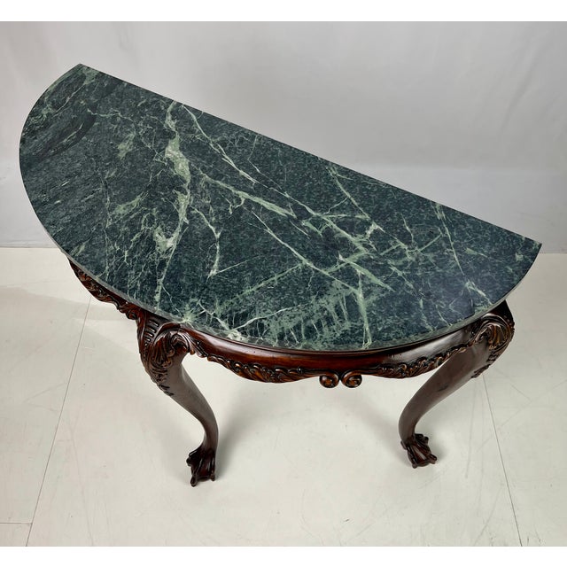 Vintage Chippendale Style Carved Mahogany Green Marble Top Demilune Console Table For Sale - Image 11 of 13