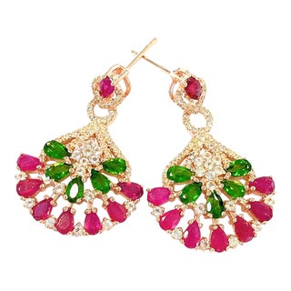 Bochic “Flamenco” Ruby & Multi Gem Chandelier Earrings Set in 18k Gold & Silver - 2 Pieces For Sale