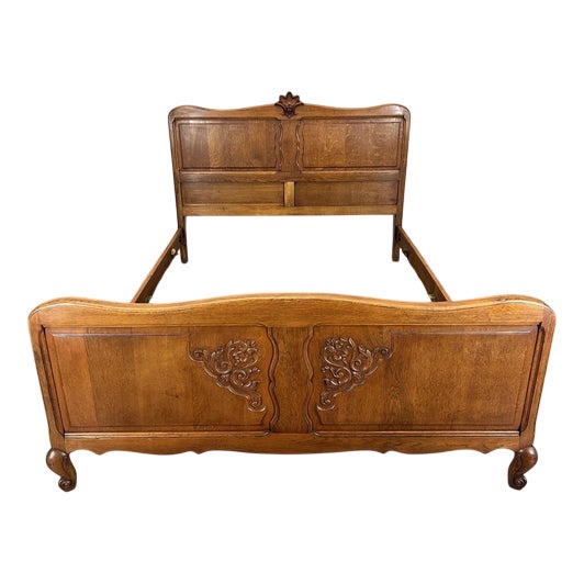 Vintage French Louis Style Oak Double Bed Frame with Carved Headboard For Sale