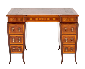Sheraton Pedestal Desk Shaped Marquetry Inlay