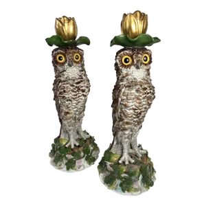 Pair of 19th Century English Porcelain Owl Candlesticks