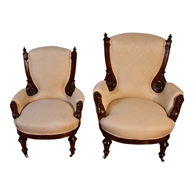 1880s Antique Pair Victorian Walnut Ladies & Gentleman Living Room Chairs For Sale