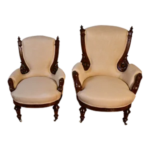 1880s Antique Pair Victorian Walnut Ladies & Gentleman Living Room Chairs