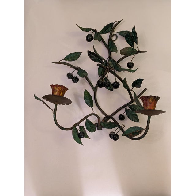 Art Deco Pair of Antique Italian Wall Sconces;Toleware and Iron; Leaf and Branch Design For Sale - Image 3 of 9