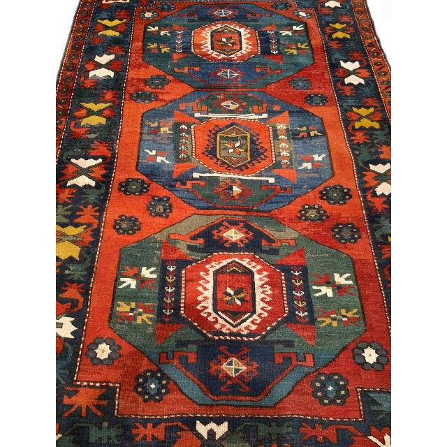 Antique Caucasian Kazak Rug, Hand-Knotted Wool Pile, Geometric Design, Red & Blue, 5' x 7' For Sale - Image 11 of 12