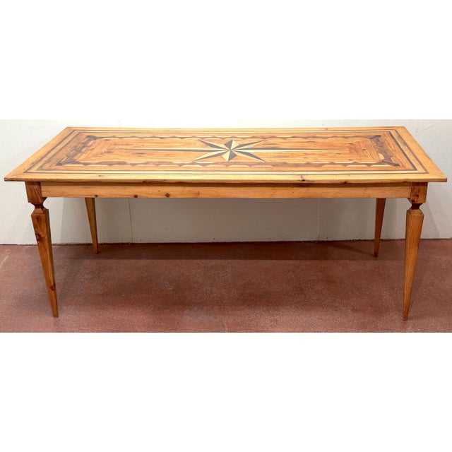 Early 20th Century Spanish Colonial Revival Marquetry Farmhouse Dining Table, Compass Star Inlay For Sale - Image 5 of 14