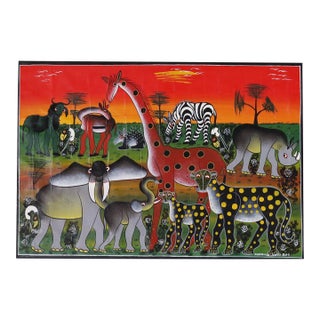 Vintage African Folk Art Painting on Canvas of Animals For Sale