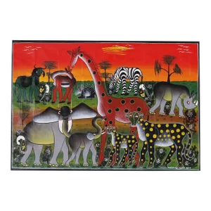 Vintage African Folk Art Painting on Canvas of Animals