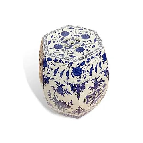 Asian Blue & White Floral Print Garden Stool For Sale - Image 4 of 5