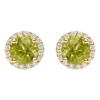 10K Yellow Gold Green Peridot and 1/6 Cttw Diamond Halo Stud Earring For Sale