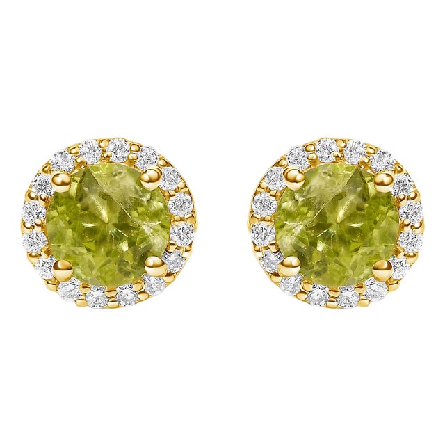 10K Yellow Gold Green Peridot and 1/6 Cttw Diamond Halo Stud Earring For Sale