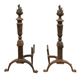 Andirons Antique Brass With Flame Torch Design - A Pair For Sale