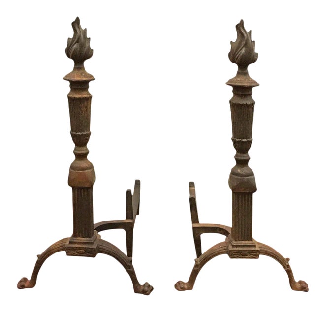 Antique Brass Andirons With Flame Torch Design - A Pair For Sale