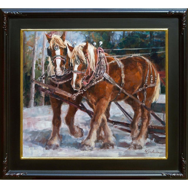 This oil painting depicts a pair of sturdy draft horses, their powerful forms captured in dynamic motion as they work...