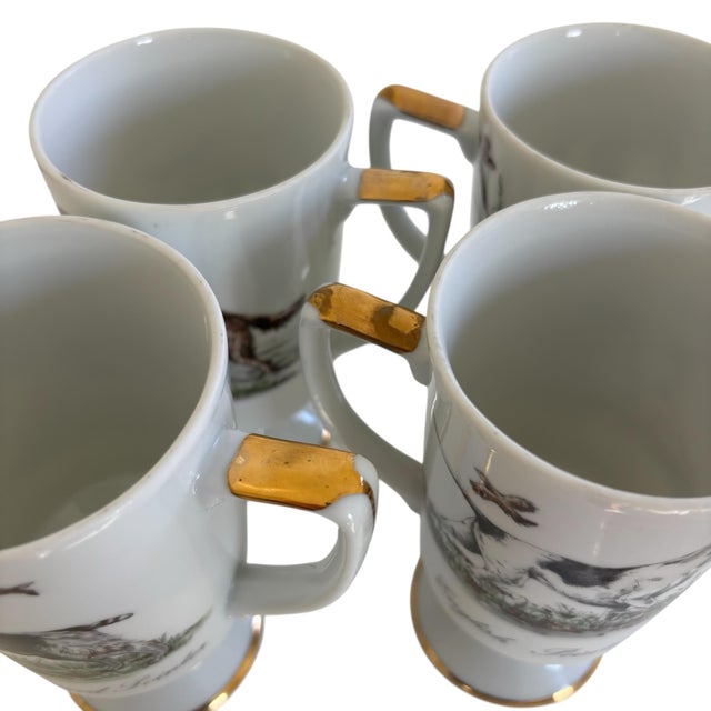 White English Traditional Vintage Hand Painted Porcelain Sporting Dog Pedestal Mug Set (4) For Sale - Image 8 of 9