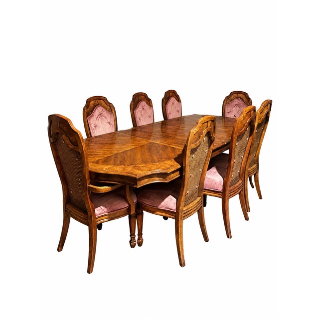 Wood Vintage Double-Pedestal Dining Table With Cane-Back Chairs — Set of 9 For Sale - Image 7 of 18