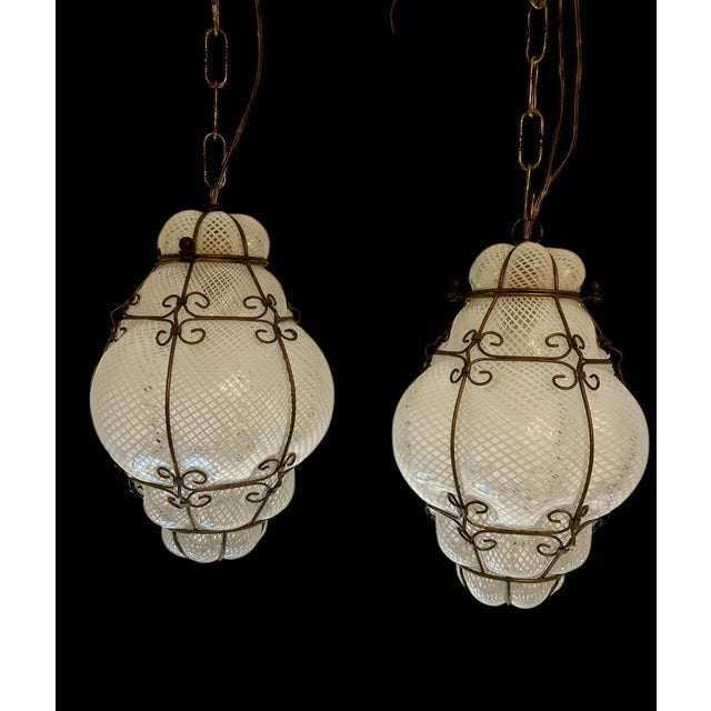 Pair of Caged Venetian Lantern in Murano Reticello Glass, 1940s For Sale - Image 9 of 12