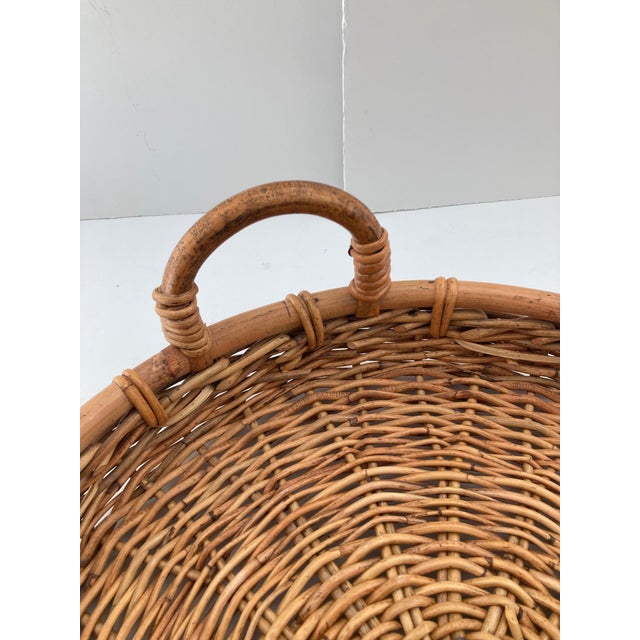 Tan Round Wicker Tray With Bamboo Handles For Sale - Image 8 of 9