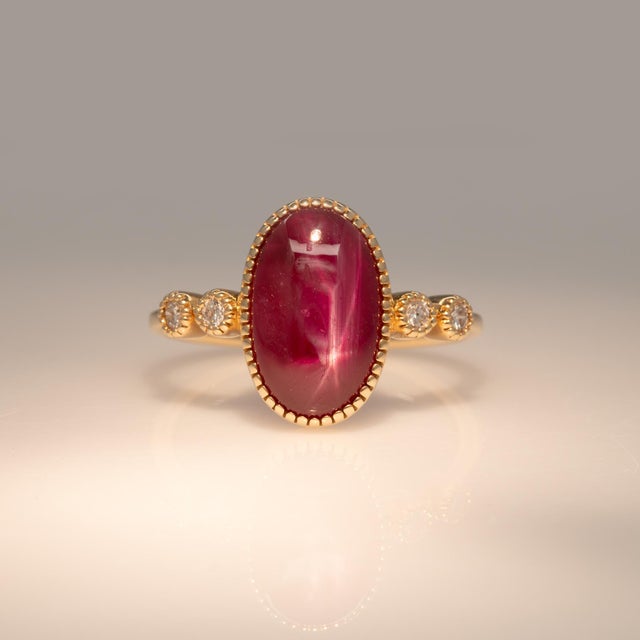 3.5Ct Star Ruby Ring With Earth Mined Diamonds Accents: Solid 14k Gold, Size 6.75 For Sale - Image 4 of 8