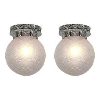 Jamain & Sonover Pair of French Art Deco Geometric Globe Flush Mounts - 1930s For Sale