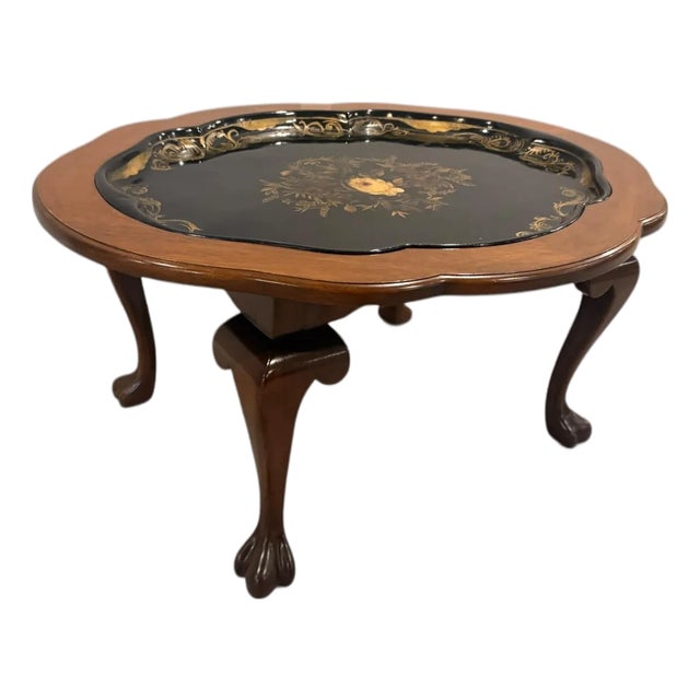 Late 20th Century Chinoiserie Style Coffee Table With Removable Hand-Painted Tray – Cabriole Legs, 36” For Sale