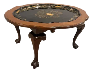 Late 20th Century Chinoiserie Style Coffee Table With Removable Hand-Painted Tray – Cabriole Legs, 36”