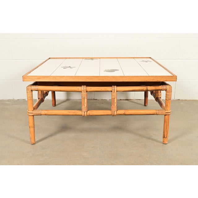 John Wisner for Ficks Reed Mid-Century Hollywood Regency Bamboo Rattan Tile Top Coffee Table, 1950s For Sale - Image 9 of 10
