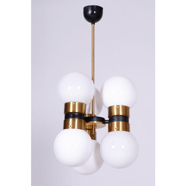 Mid-Century Modern Mid-Century Chandelier in Brass and Opaline Glass, Czech, 1960s For Sale - Image 3 of 11