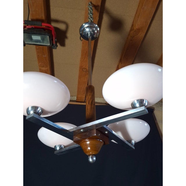 Art Deco Chandelier in Chrome and Pink Opaline Glass, 1950s For Sale - Image 9 of 9