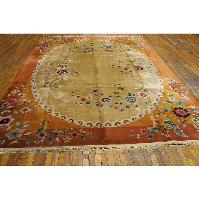 Antique Art Deco Chinese rug, measures: 8'10" x 11'8". Antique Art Deco Chinese Floral, Medallion Knotted Rug, Circa Date:...