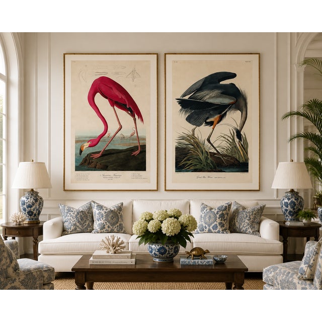 Black American Flamingo & Great Blue Heron Diptych, Audubon Birds of America Art Prints, 40" X 60" For Sale - Image 8 of 12