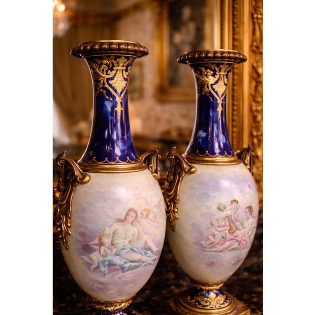 1850s Sevres Louis XVI Blue Bronze Porcelain Vases - Pair For Sale - Image 10 of 18