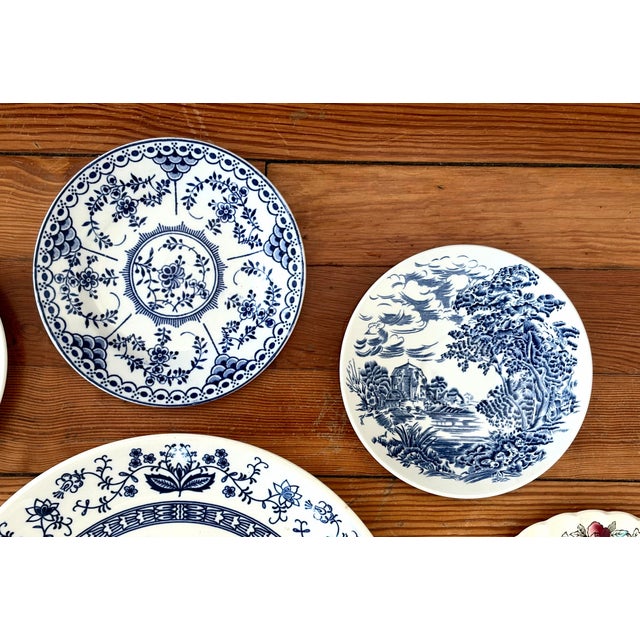 English Mid 20th Century Blue and White Wall Plate Grouping / Collection - Set of 9 For Sale - Image 3 of 12