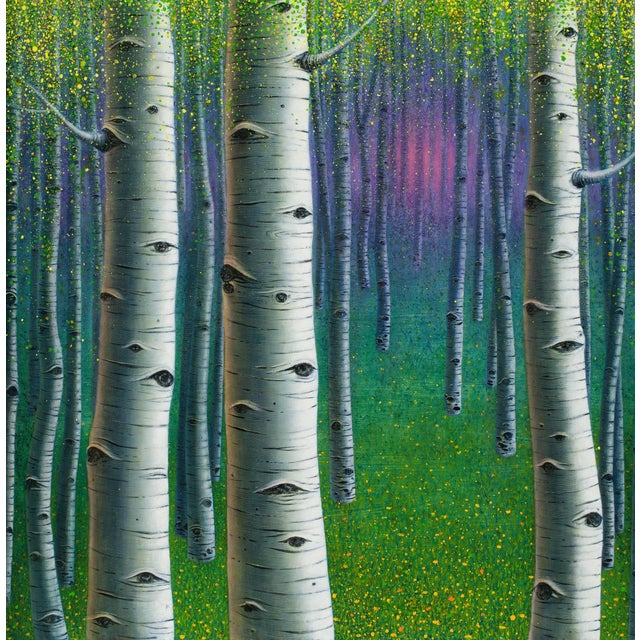 This artwork depicts a serene forest scene, where slender birch trees rise amidst a vibrant, dreamlike background infused...