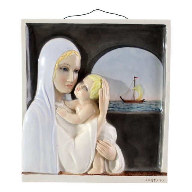 Madonna del Navigatore on Glazed Ceramic Bas-Relief by Igni Torino, Italy, 1940s For Sale