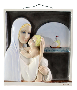 Madonna del Navigatore on Glazed Ceramic Bas-Relief by Igni Torino, Italy, 1940s