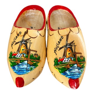 Vintage Holland Wooden Clogs With Colorful Windmill Scenes — A Pair For Sale
