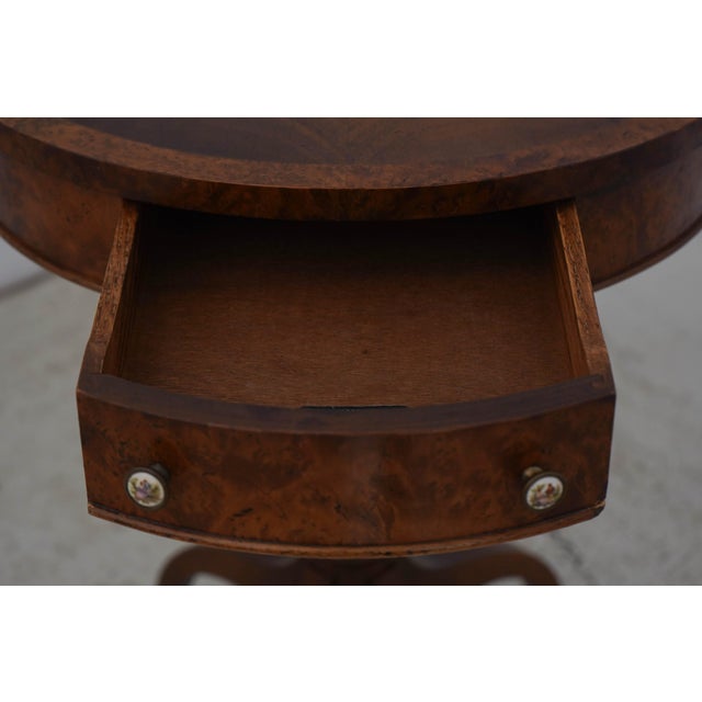 1970s Round Burl Walnut & Mahogany 1 Drawer Pedestal Table For Sale - Image 5 of 17